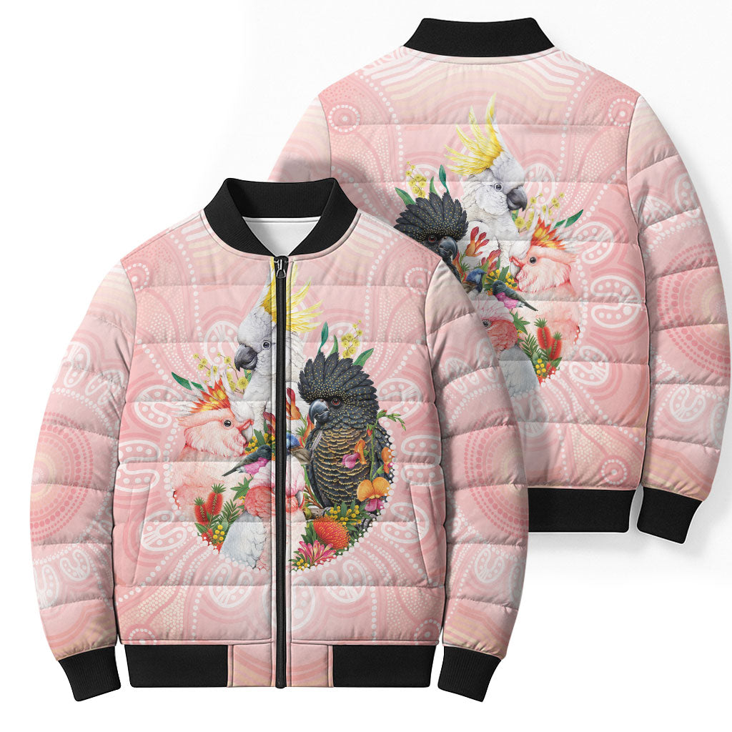 Australian Cockatoos Bomber Puffer Jacket Flora Aboriginal Dot Art Pattern