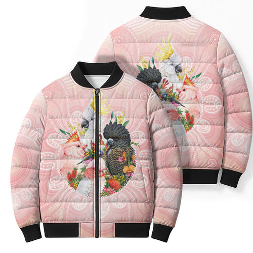 Australian Cockatoos Bomber Puffer Jacket Flora Aboriginal Dot Art Pattern