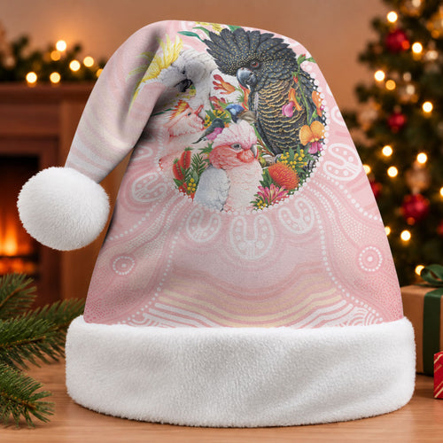 Australian Cockatoos Christmas Santa Hat Flora Aboriginal Dot Art Pattern