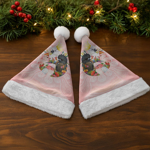 Australian Cockatoos Christmas Santa Hat Flora Aboriginal Dot Art Pattern