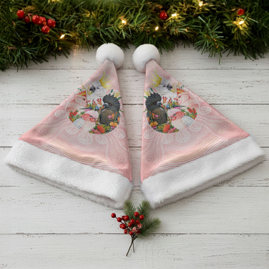 Australian Cockatoos Christmas Santa Hat Flora Aboriginal Dot Art Pattern