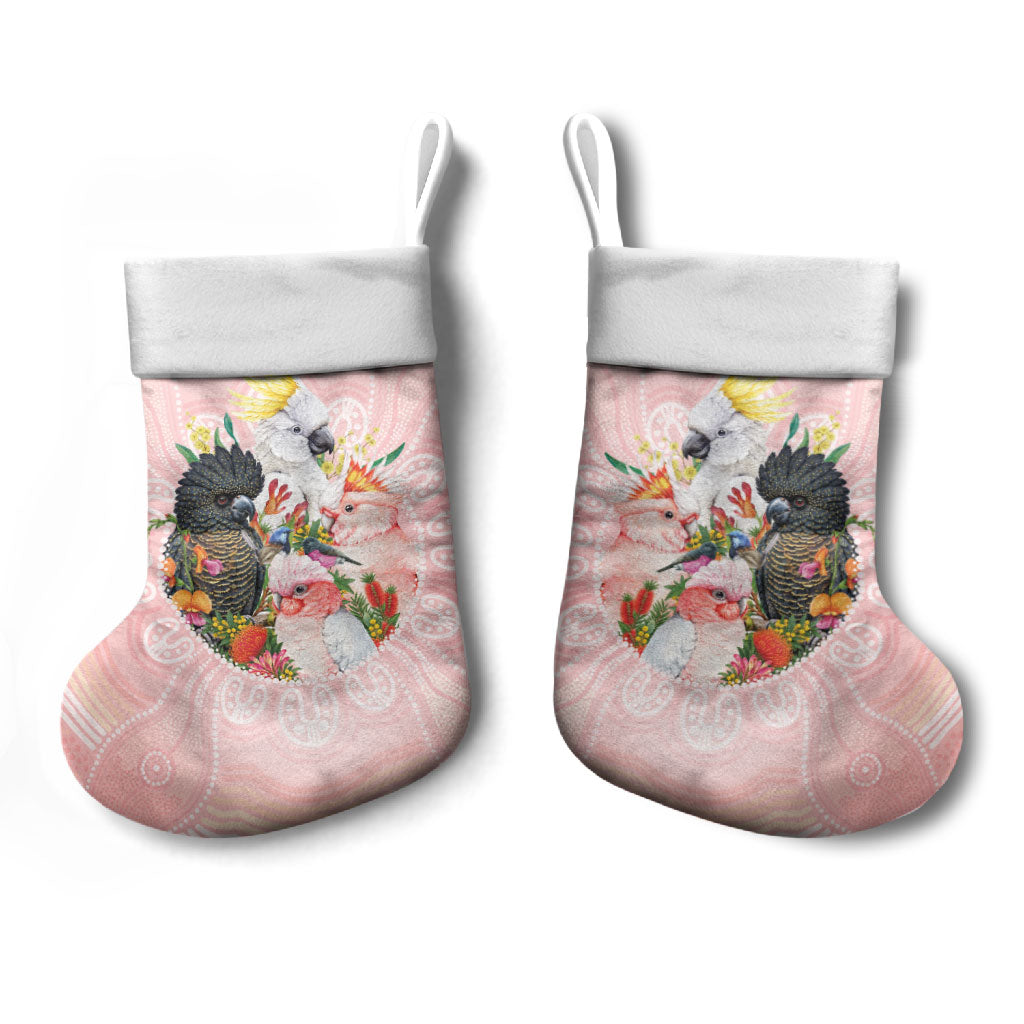 Australian Cockatoos Christmas Stocking Flora Aboriginal Dot Art Pattern