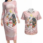 Australian Cockatoos Couples Matching Long Sleeve Bodycon Dress and Hawaiian Shirt Flora Aboriginal Dot Art Pattern