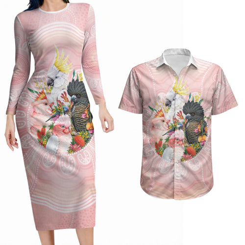 Australian Cockatoos Couples Matching Long Sleeve Bodycon Dress and Hawaiian Shirt Flora Aboriginal Dot Art Pattern