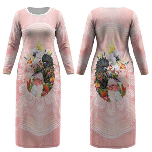 Australian Cockatoos Couples Matching Long Sleeve Bodycon Dress and Hawaiian Shirt Flora Aboriginal Dot Art Pattern