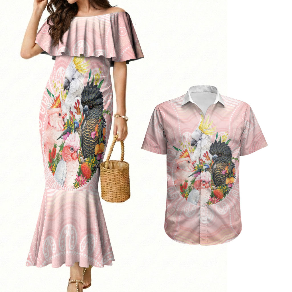 Australian Cockatoos Couples Matching Mermaid Dress and Hawaiian Shirt Flora Aboriginal Dot Art Pattern