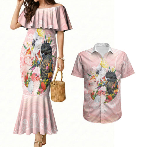 Australian Cockatoos Couples Matching Mermaid Dress and Hawaiian Shirt Flora Aboriginal Dot Art Pattern