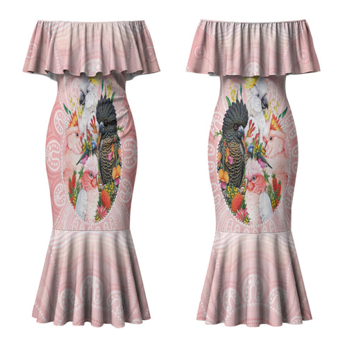 Australian Cockatoos Couples Matching Mermaid Dress and Hawaiian Shirt Flora Aboriginal Dot Art Pattern