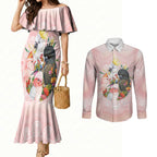 Australian Cockatoos Couples Matching Mermaid Dress and Long Sleeve Button Shirt Flora Aboriginal Dot Art Pattern