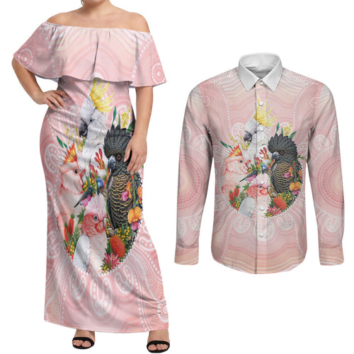Australian Cockatoos Couples Matching Off Shoulder Maxi Dress and Long Sleeve Button Shirt Flora Aboriginal Dot Art Pattern
