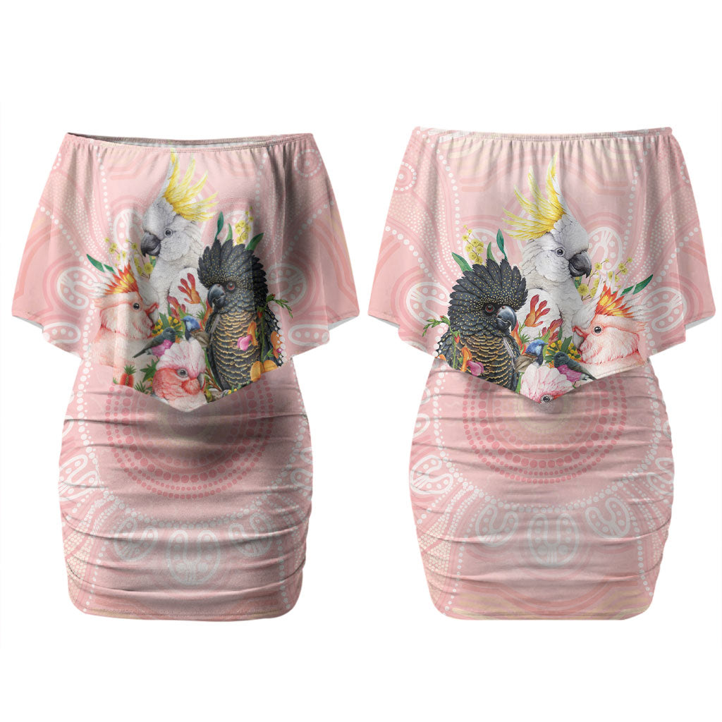 Australian Cockatoos Couples Matching Off Shoulder Short Dress and Hawaiian Shirt Flora Aboriginal Dot Art Pattern