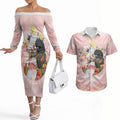 Australian Cockatoos Couples Matching Off The Shoulder Long Sleeve Dress and Hawaiian Shirt Flora Aboriginal Dot Art Pattern