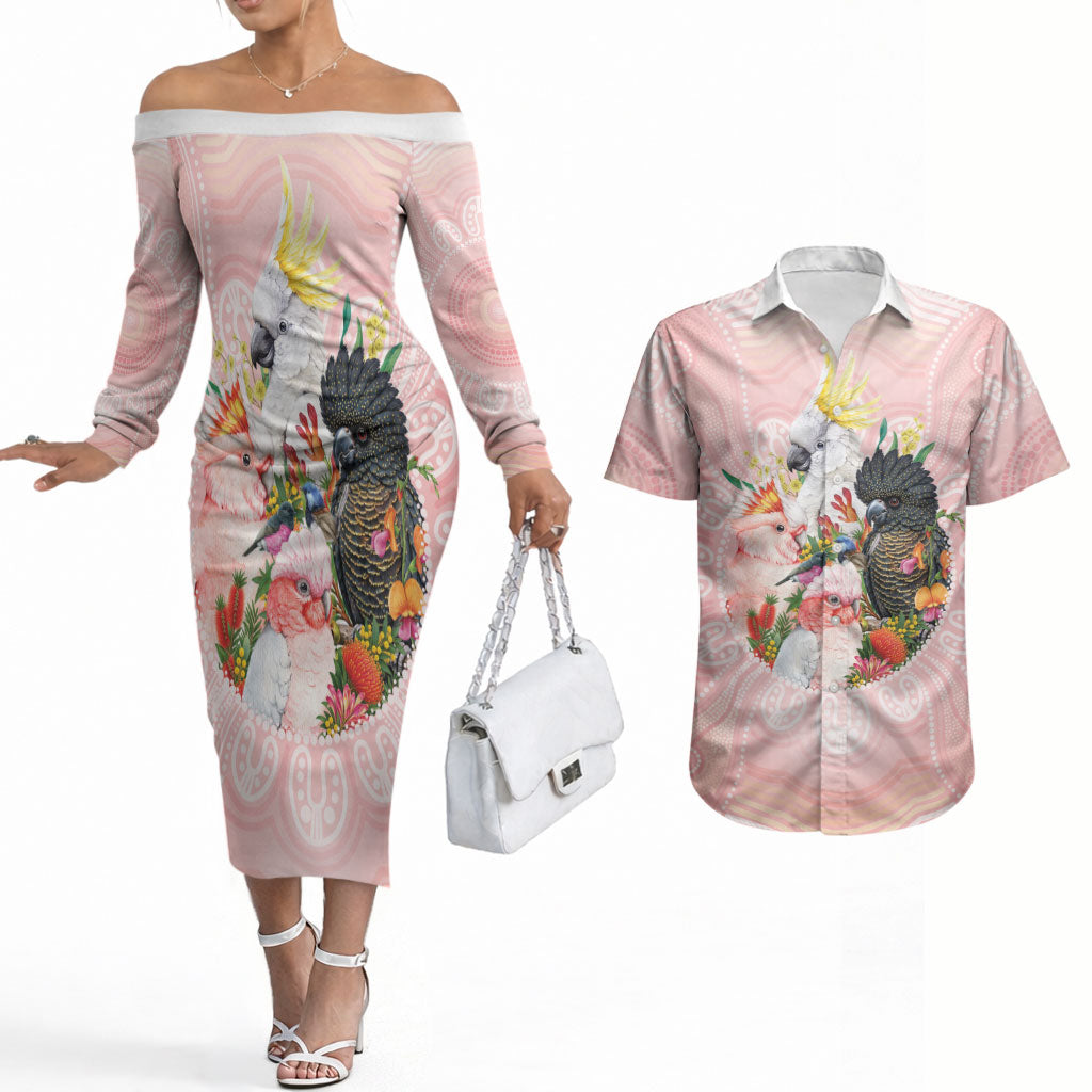 Australian Cockatoos Couples Matching Off The Shoulder Long Sleeve Dress and Hawaiian Shirt Flora Aboriginal Dot Art Pattern