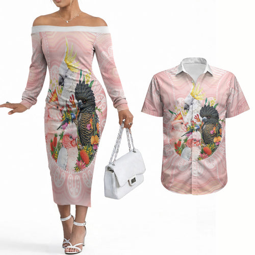 Australian Cockatoos Couples Matching Off The Shoulder Long Sleeve Dress and Hawaiian Shirt Flora Aboriginal Dot Art Pattern