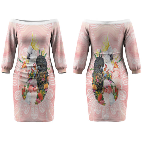 Australian Cockatoos Couples Matching Off The Shoulder Long Sleeve Dress and Hawaiian Shirt Flora Aboriginal Dot Art Pattern
