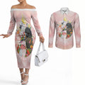 Australian Cockatoos Couples Matching Off The Shoulder Long Sleeve Dress and Long Sleeve Button Shirt Flora Aboriginal Dot Art Pattern