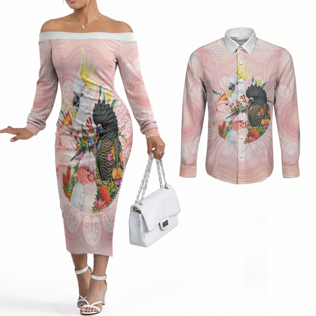 Australian Cockatoos Couples Matching Off The Shoulder Long Sleeve Dress and Long Sleeve Button Shirt Flora Aboriginal Dot Art Pattern
