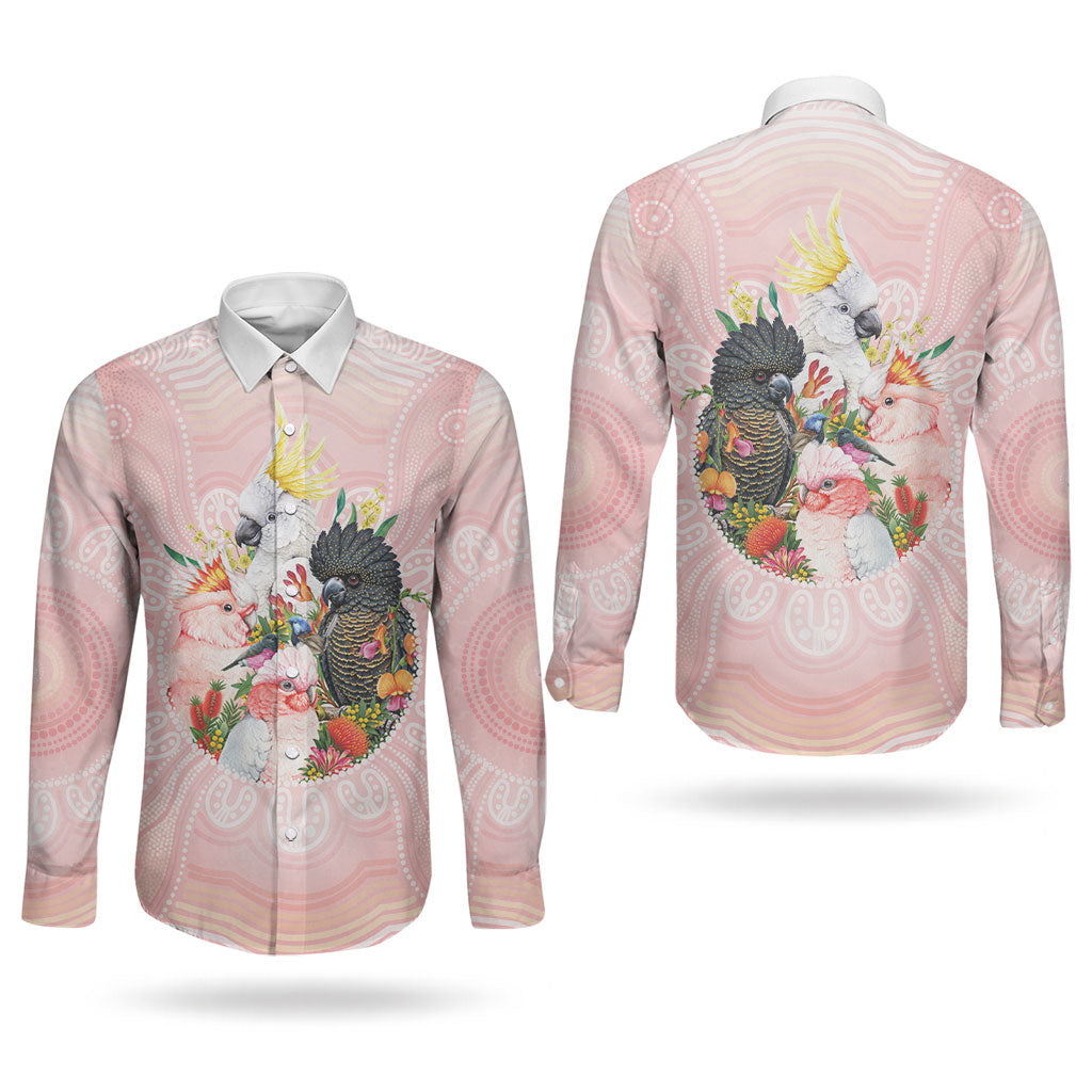 Australian Cockatoos Couples Matching Off The Shoulder Long Sleeve Dress and Long Sleeve Button Shirt Flora Aboriginal Dot Art Pattern