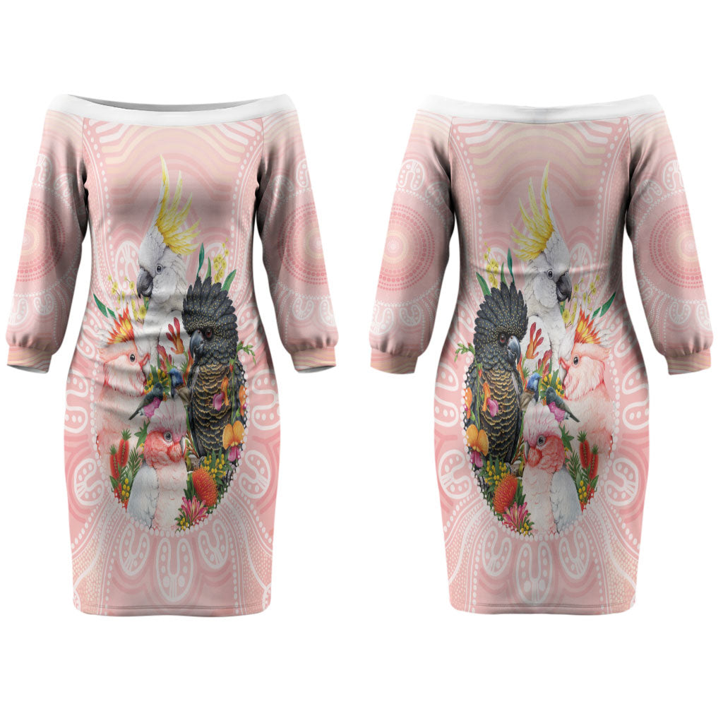 Australian Cockatoos Couples Matching Off The Shoulder Long Sleeve Dress and Long Sleeve Button Shirt Flora Aboriginal Dot Art Pattern