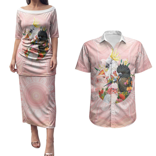 Australian Cockatoos Couples Matching Puletasi and Hawaiian Shirt Flora Aboriginal Dot Art Pattern