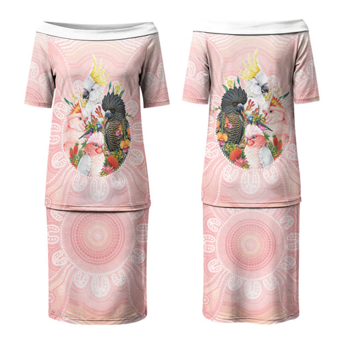 Australian Cockatoos Couples Matching Puletasi and Hawaiian Shirt Flora Aboriginal Dot Art Pattern