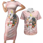 Australian Cockatoos Couples Matching Short Sleeve Bodycon Dress and Hawaiian Shirt Flora Aboriginal Dot Art Pattern