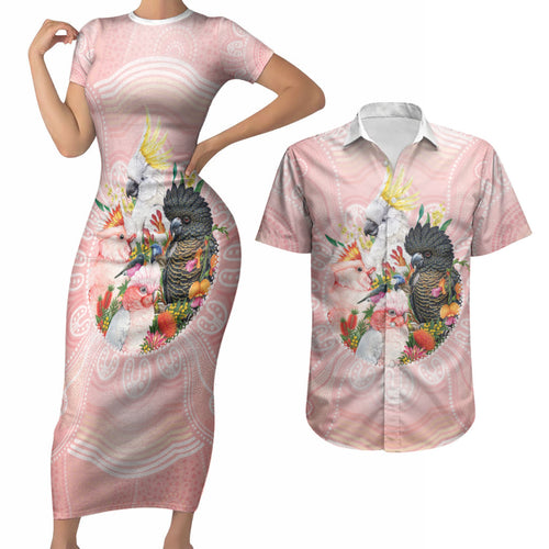 Australian Cockatoos Couples Matching Short Sleeve Bodycon Dress and Hawaiian Shirt Flora Aboriginal Dot Art Pattern