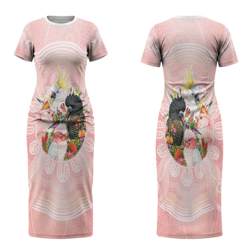 Australian Cockatoos Couples Matching Short Sleeve Bodycon Dress and Hawaiian Shirt Flora Aboriginal Dot Art Pattern