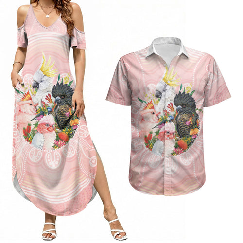 Australian Cockatoos Couples Matching Summer Maxi Dress and Hawaiian Shirt Flora Aboriginal Dot Art Pattern