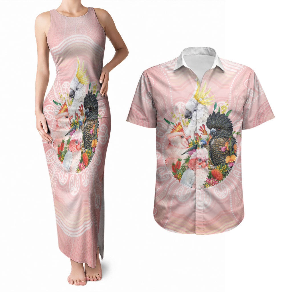 Australian Cockatoos Couples Matching Tank Maxi Dress and Hawaiian Shirt Flora Aboriginal Dot Art Pattern