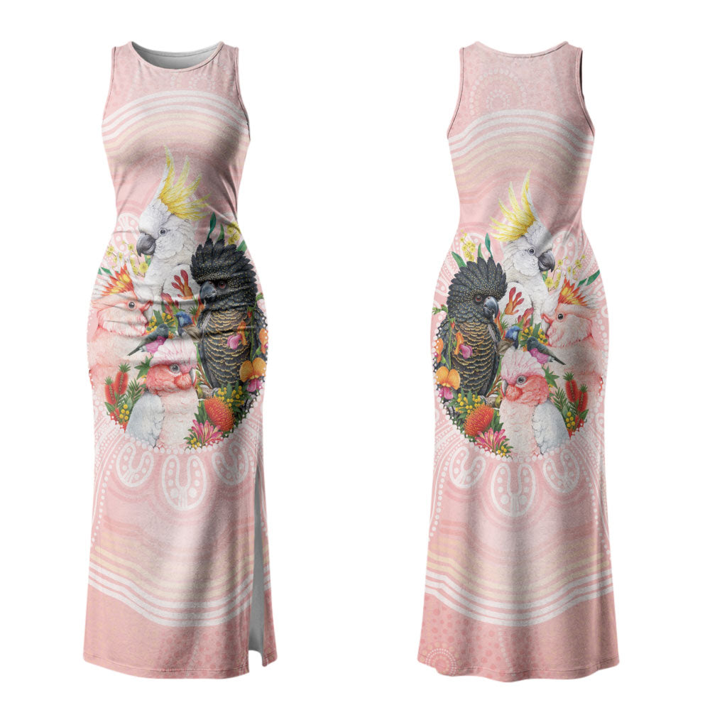Australian Cockatoos Couples Matching Tank Maxi Dress and Hawaiian Shirt Flora Aboriginal Dot Art Pattern