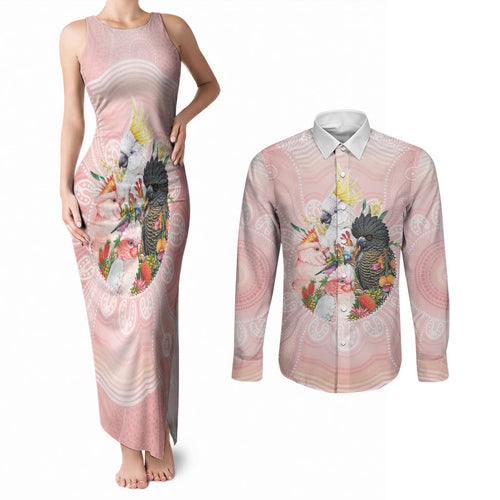 Australian Cockatoos Couples Matching Tank Maxi Dress and Long Sleeve Button Shirt Flora Aboriginal Dot Art Pattern