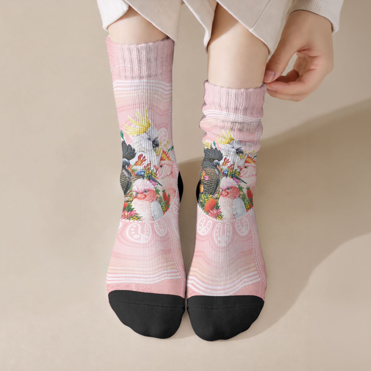 Australian Cockatoos Crew Socks Flora Aboriginal Dot Art Pattern