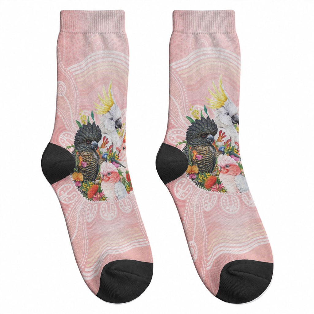 Australian Cockatoos Crew Socks Flora Aboriginal Dot Art Pattern