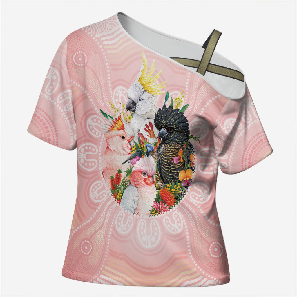 Australian Cockatoos Cross Shoulder Shirt Flora Aboriginal Dot Art Pattern