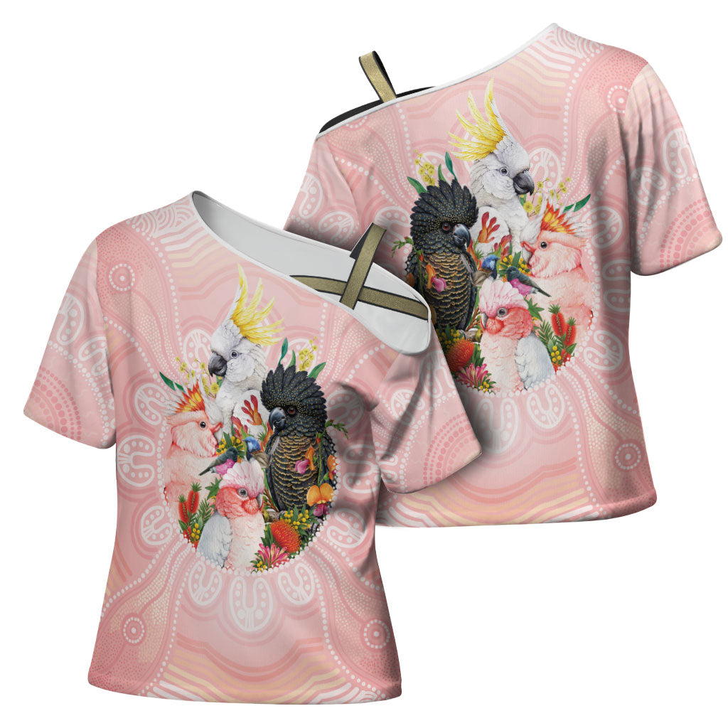 Australian Cockatoos Cross Shoulder Shirt Flora Aboriginal Dot Art Pattern