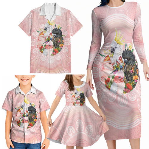 Australian Cockatoos Family Matching Long Sleeve Bodycon Dress and Hawaiian Shirt Flora Aboriginal Dot Art Pattern
