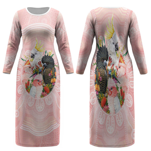 Australian Cockatoos Family Matching Long Sleeve Bodycon Dress and Hawaiian Shirt Flora Aboriginal Dot Art Pattern