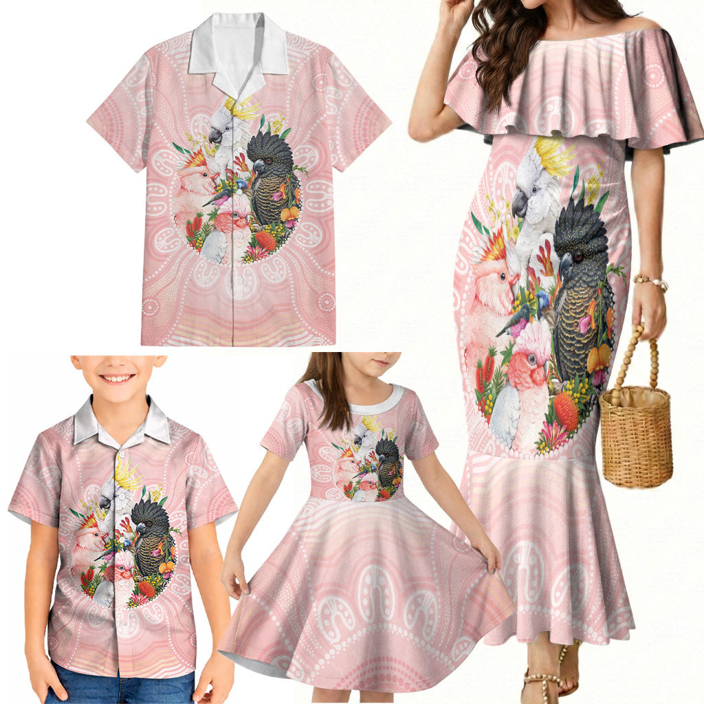Australian Cockatoos Family Matching Mermaid Dress and Hawaiian Shirt Flora Aboriginal Dot Art Pattern