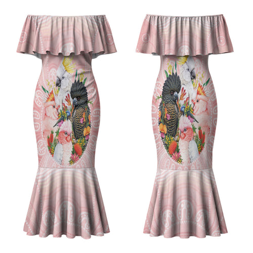 Australian Cockatoos Family Matching Mermaid Dress and Hawaiian Shirt Flora Aboriginal Dot Art Pattern