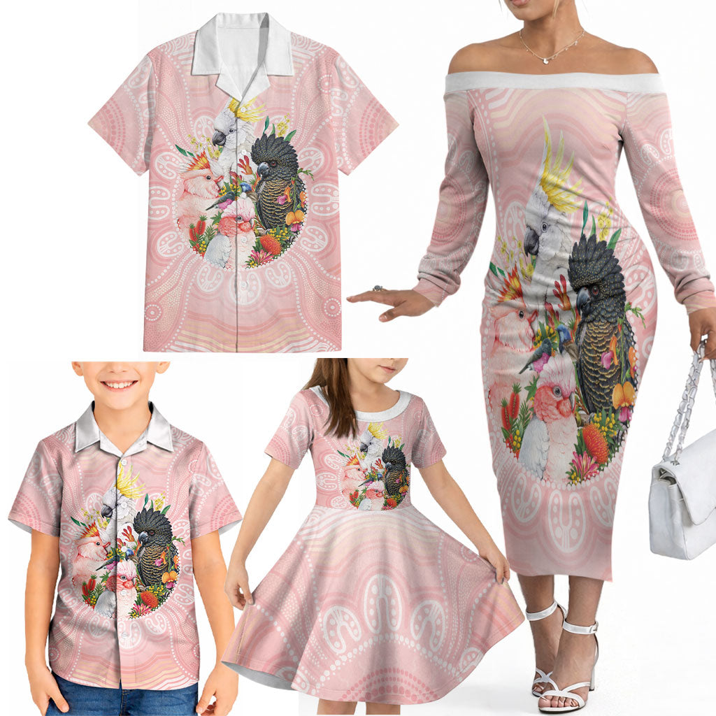 Australian Cockatoos Family Matching Off The Shoulder Long Sleeve Dress and Hawaiian Shirt Flora Aboriginal Dot Art Pattern