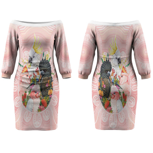 Australian Cockatoos Family Matching Off The Shoulder Long Sleeve Dress and Hawaiian Shirt Flora Aboriginal Dot Art Pattern