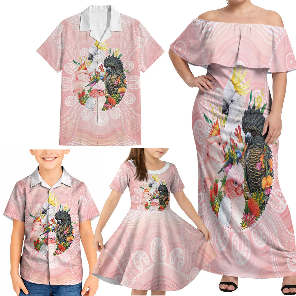 Australian Cockatoos Family Matching Off Shoulder Maxi Dress and Hawaiian Shirt Flora Aboriginal Dot Art Pattern