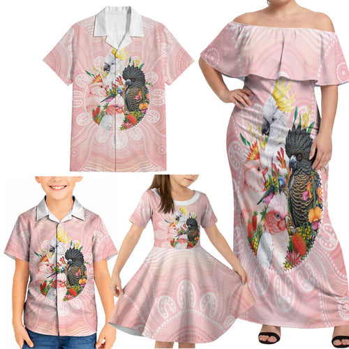Australian Cockatoos Family Matching Off Shoulder Maxi Dress and Hawaiian Shirt Flora Aboriginal Dot Art Pattern
