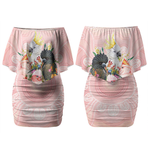 Australian Cockatoos Family Matching Off Shoulder Short Dress and Hawaiian Shirt Flora Aboriginal Dot Art Pattern