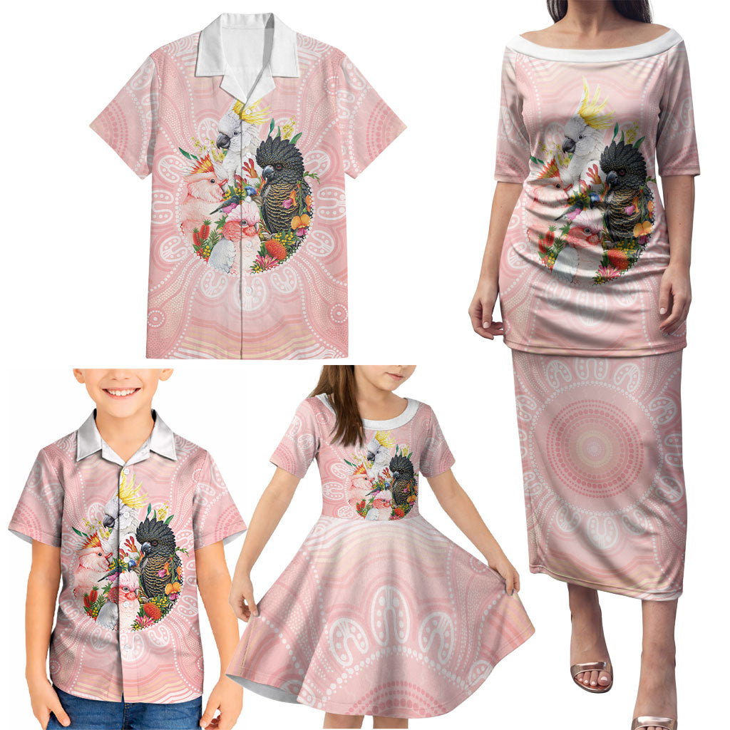 Australian Cockatoos Family Matching Puletasi and Hawaiian Shirt Flora Aboriginal Dot Art Pattern