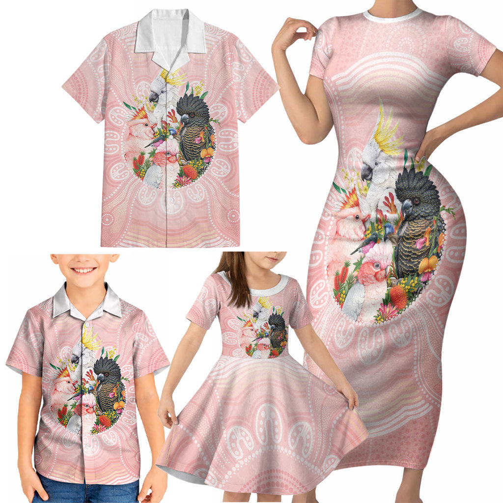 Australian Cockatoos Family Matching Short Sleeve Bodycon Dress and Hawaiian Shirt Flora Aboriginal Dot Art Pattern