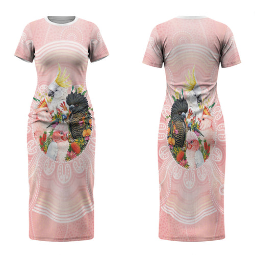 Australian Cockatoos Family Matching Short Sleeve Bodycon Dress and Hawaiian Shirt Flora Aboriginal Dot Art Pattern