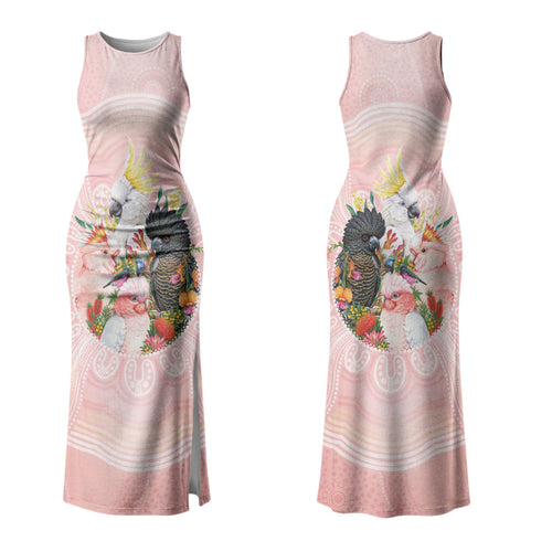Australian Cockatoos Family Matching Tank Maxi Dress and Hawaiian Shirt Flora Aboriginal Dot Art Pattern