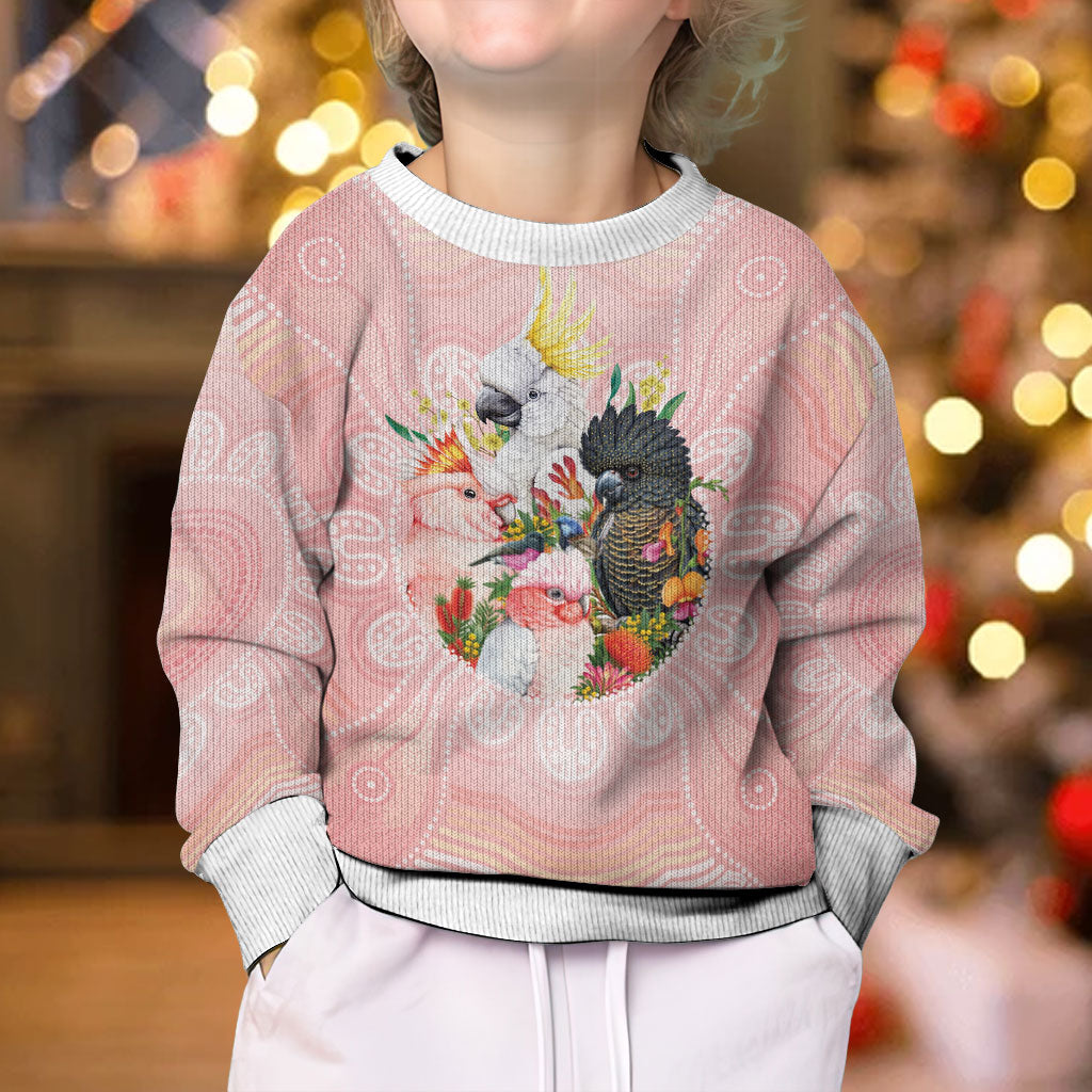 Australian Cockatoos Kid Ugly Christmas Sweater Flora Aboriginal Dot Art Pattern